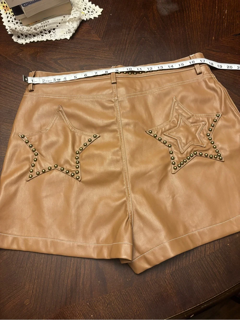 NWT Nasty Gal Tan Premium Faux Leather Studded Shorts- Size 12 - Picture 7 of 7
